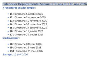Calendrier Départemental + 35 ans Hommes 2025/2026